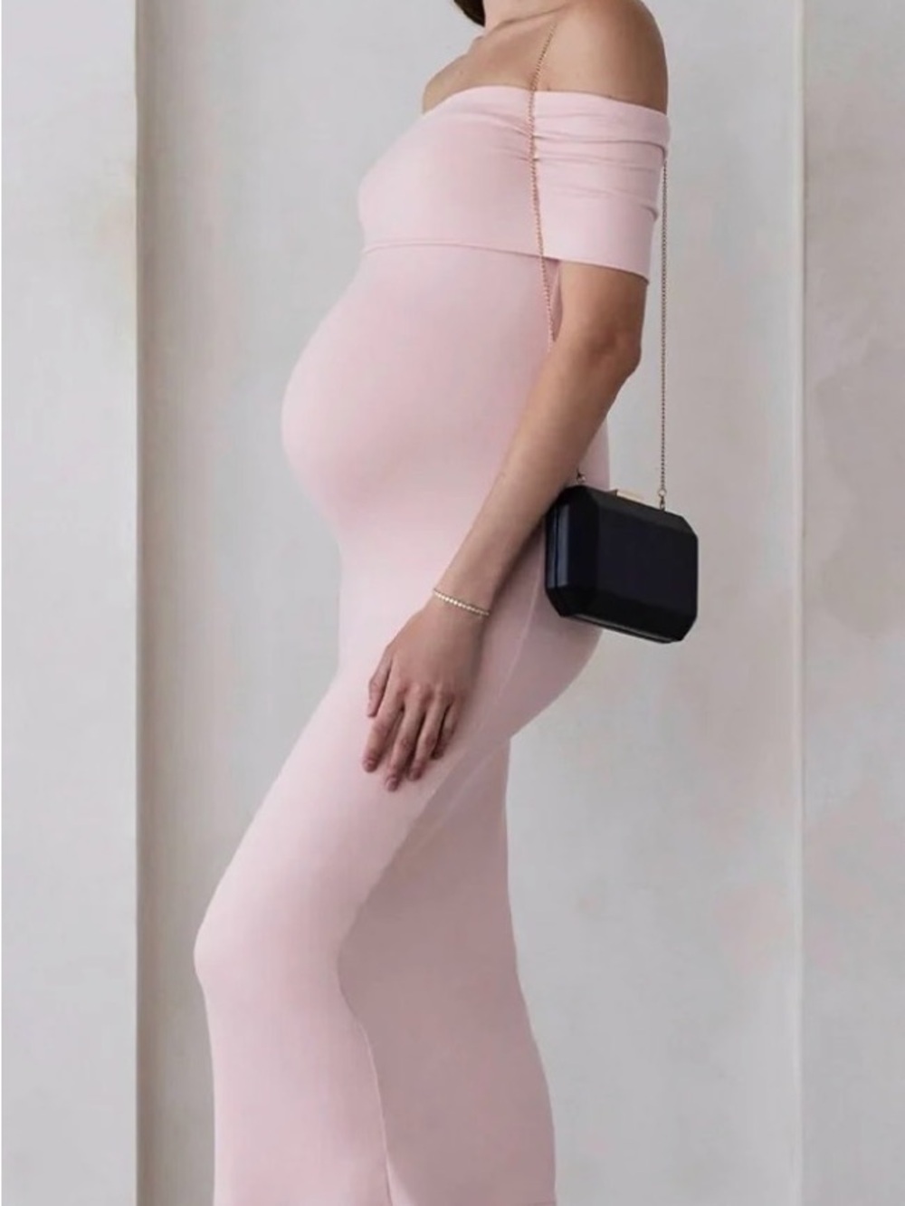 Off-Shoulder Maternity Midi Dress in Light Pink